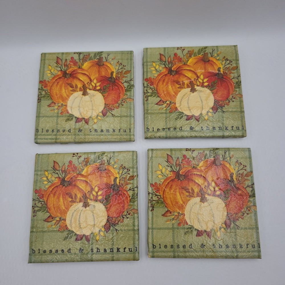 Blessed & Thankful Fall Pumpkin Coaster Set‎ of 4 Thanksgiving Autumn Harvest